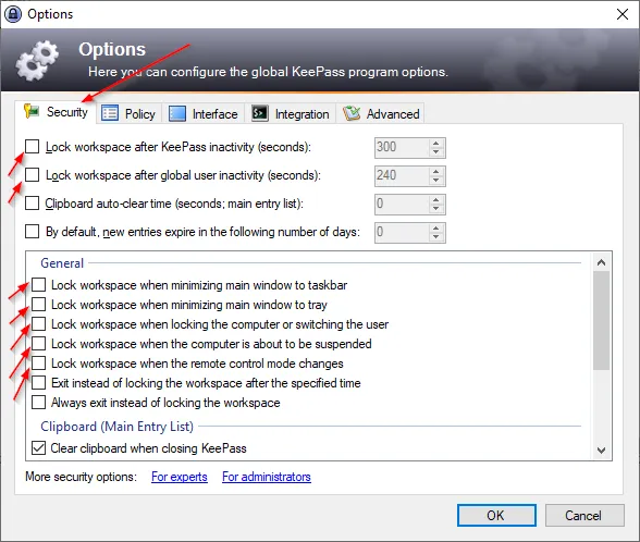 KeePass Lock Settings
