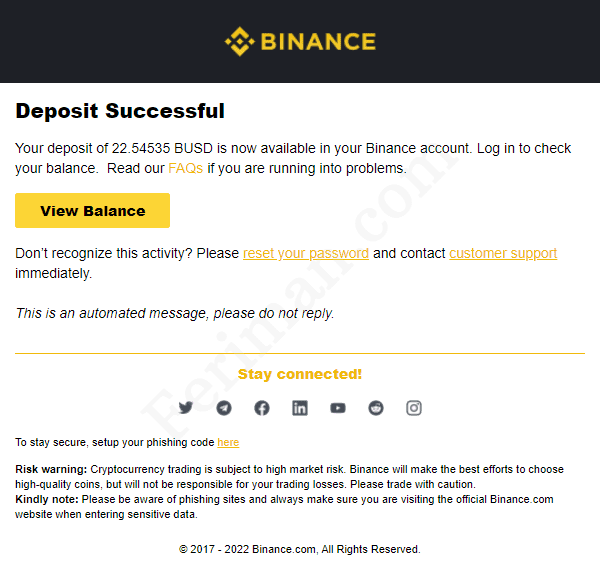 Payout proof to Binnace BUSD wallet from peer2profit email notification