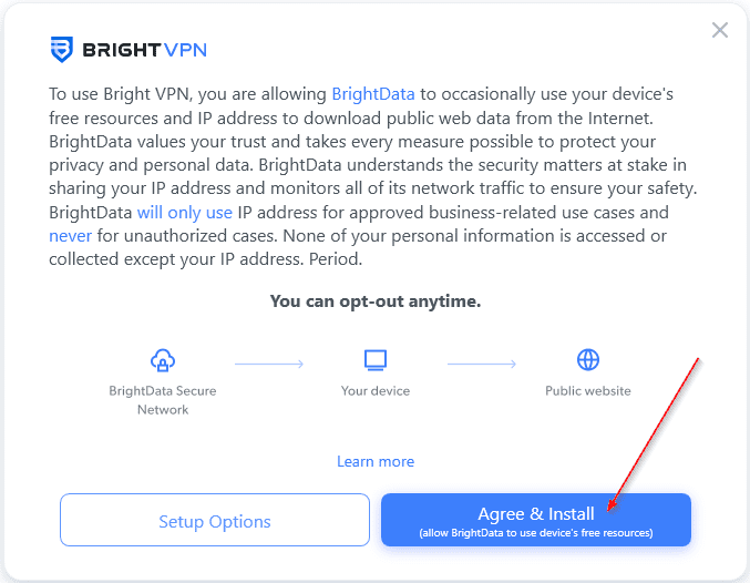 Agree and Install BrightVPN