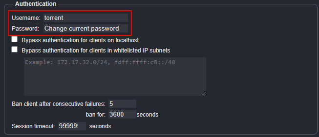 Change password and username qBittorrent